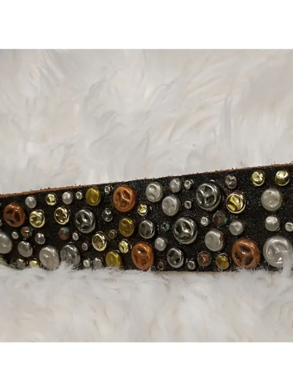 Brown Leather Belt With Metal Studs & Peace Symbols XL 47 Inches